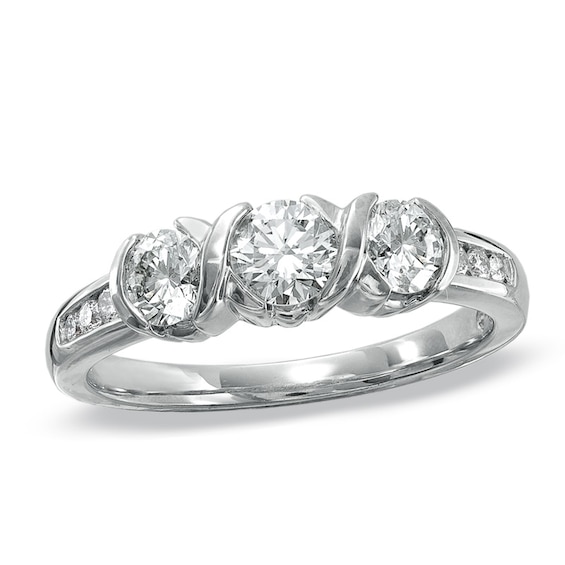 1 CT. T.w. Diamond Three Stone X Swirl Ring in 14K White Gold