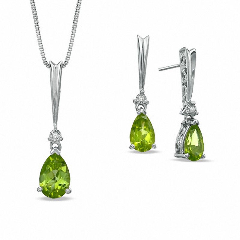 Main Image 1 of Pear-Shaped Peridot and Diamond Accent Pendant and Earrings Set in Sterling Silver