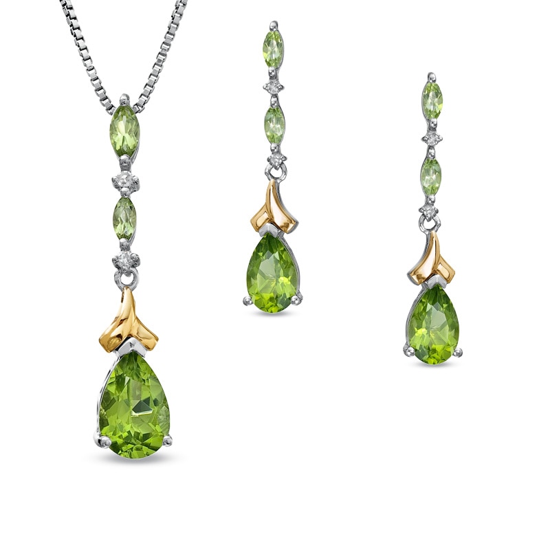 Main Image 1 of Pear-Shaped Peridot and Diamond Accent Pendant and Earrings Set in Sterling Silver and 14K Gold