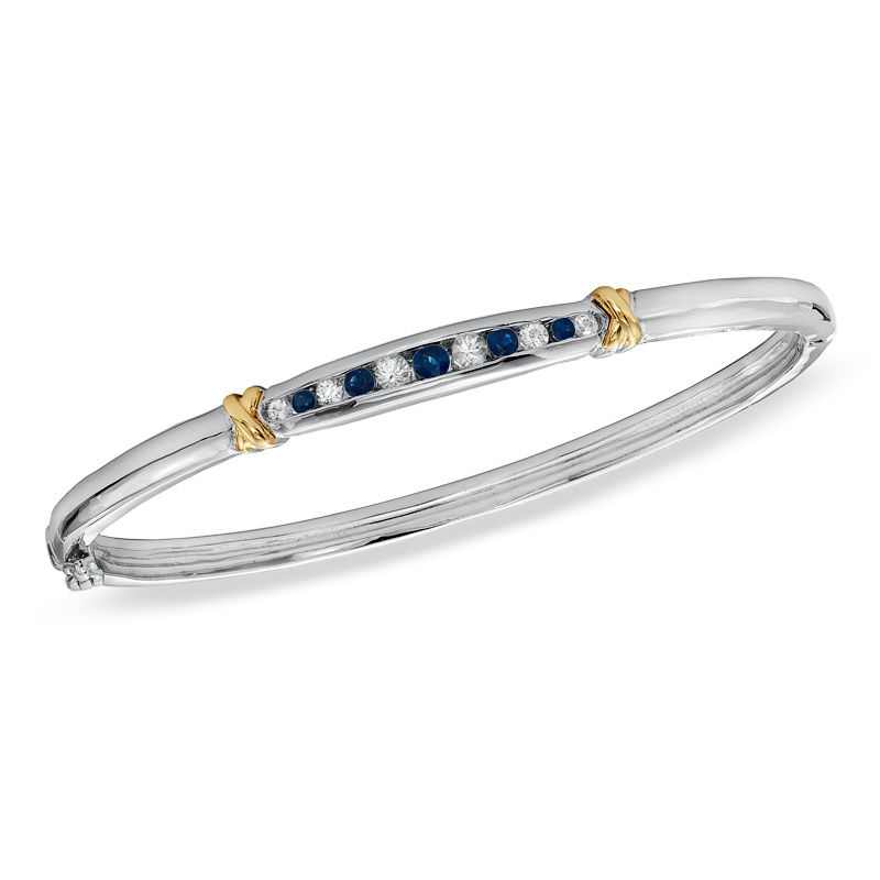 Blue and White Sapphire Bangle in Sterling Silver and 14K Gold - 8.5"