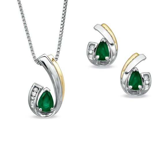 Pear-Shaped Emerald and Diamond Accent Pendant and Earrings Set in Sterling Silver and 14K Gold