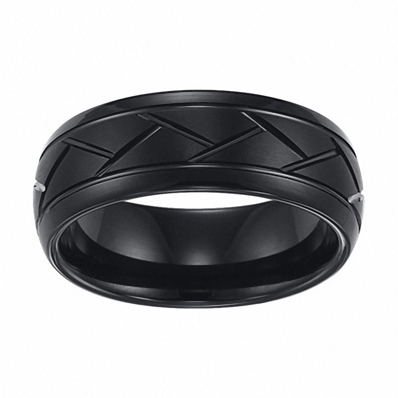 Tungsten Rings Zales Triton Men S 8 0mm Comfort Fit Diamond Cut Black Tungsten Wedding Band