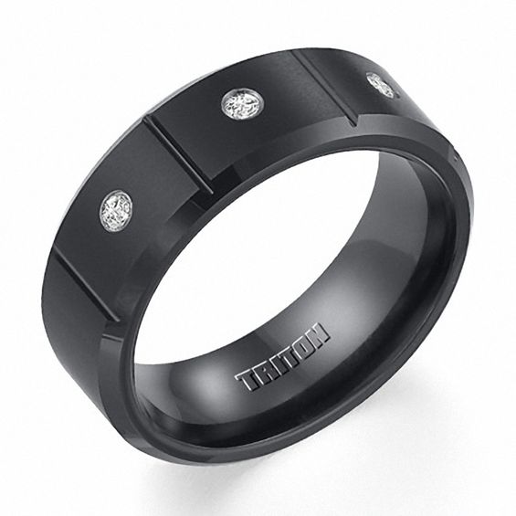 Triton Men's 1/10 CT. T.W. Diamond Three Stone Comfort Fit Black Tungsten Wedding Band Triton Men's 1/10 CT. T.W. Diamond Three Stone Comfort Fit Black Tungsten Wedding Band