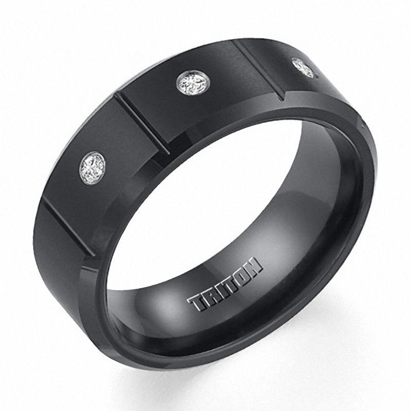 Triton Men's 1/10 CT. T.W. Diamond Three Stone Comfort Fit Black ...