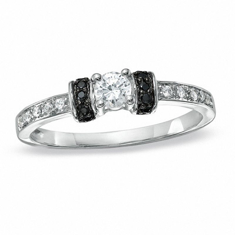 Main Image 1 of 1/4 CT. T.W. Enhanced Black and White Diamond Station Engagement Ring in 10K White Gold