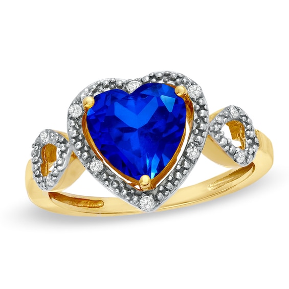 8.0mm Heart-Shaped Lab-Created Blue Sapphire and Diamond Accent Heart Frame Ring in 10K Gold 8.0mm Heart-Shaped Lab-Created Blue Sapphire and Diamond Accent Heart Frame Ring in 10K Gold