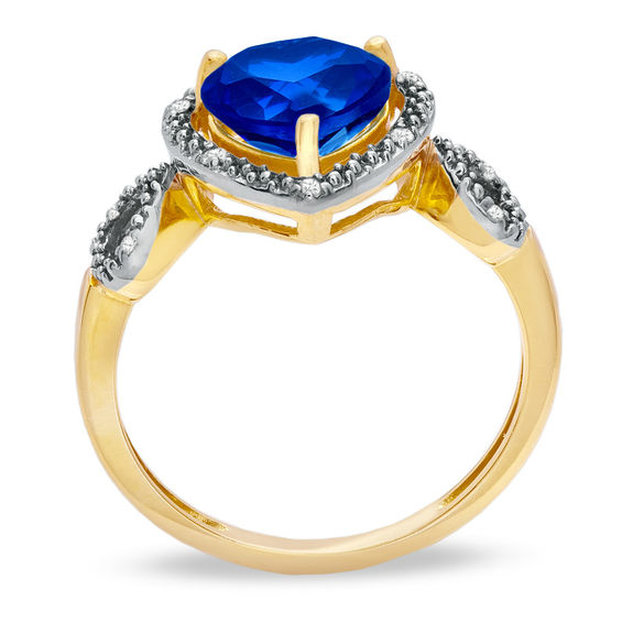 8.0mm Heart-Shaped Lab-Created Blue Sapphire and Diamond Accent Heart Frame Ring in 10K Gold 8.0mm Heart-Shaped Lab-Created Blue Sapphire and Diamond Accent Heart Frame Ring in 10K Gold
