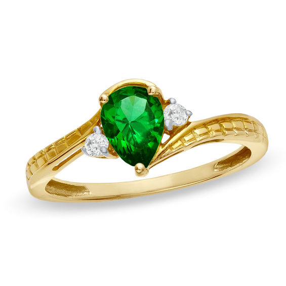Pear-Shaped Lab-Created Emerald and Diamond Accent Bypass Ring in 10K ...