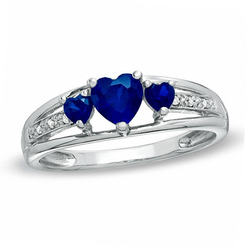 Heart-Shaped Lab-Created Blue Sapphire Three Stone and Diamond Accent Ring in Sterling Silver