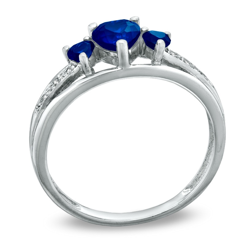 Heart-Shaped Lab-Created Blue Sapphire Three Stone and Diamond Accent Ring in Sterling Silver