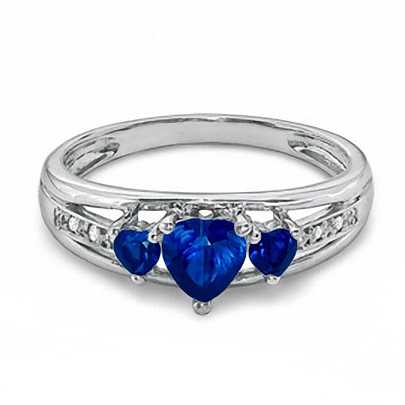 Heart-Shaped Lab-Created Blue Sapphire Three Stone and Diamond Accent Ring in Sterling Silver