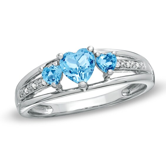 Heart-Shaped Blue Topaz Three Stone and Diamond Accent Ring in Sterling Silver