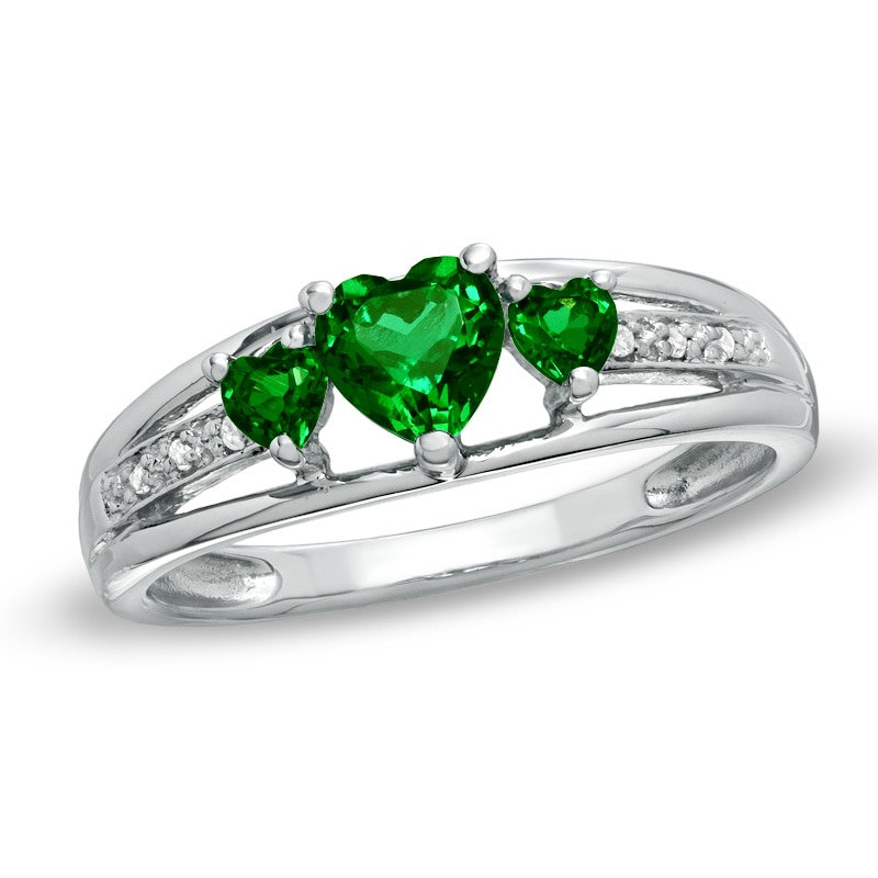 Heart-Shaped Lab-Created Emerald Three Stone and Diamond Accent Ring in Sterling Silver