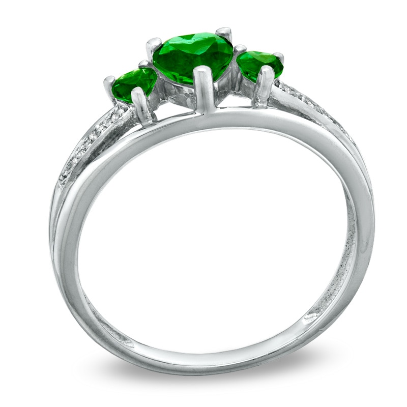 Heart-Shaped Lab-Created Emerald Three Stone and Diamond Accent Ring in Sterling Silver
