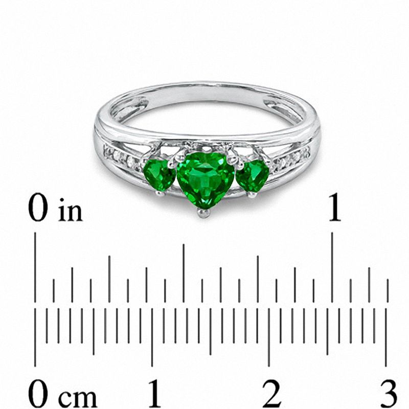 Main Image 3 of Heart-Shaped Lab-Created Emerald Three Stone and Diamond Accent Ring in Sterling Silver