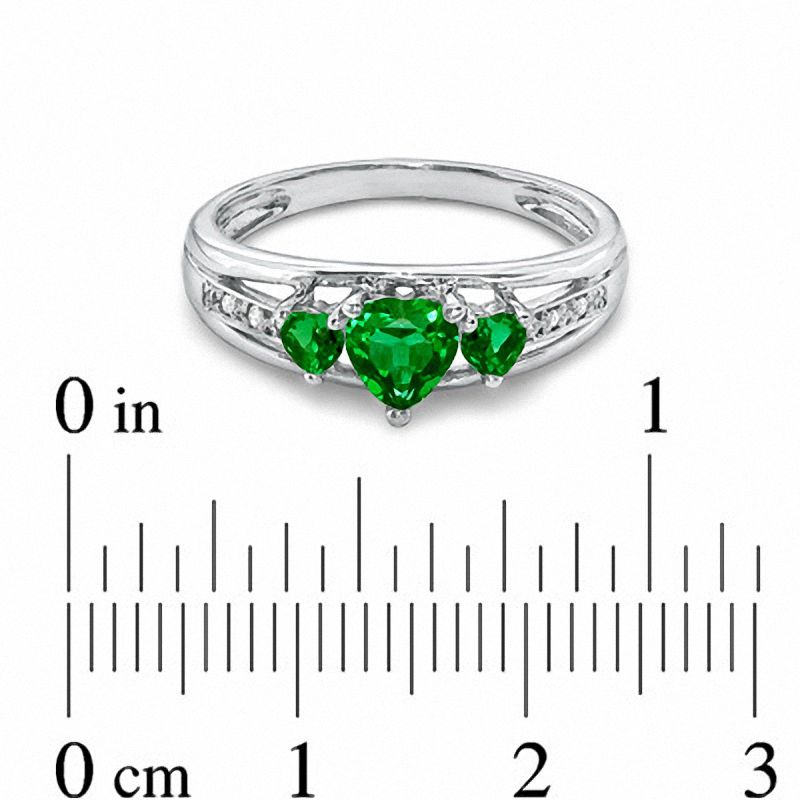 Heart-Shaped Lab-Created Emerald Three Stone and Diamond Accent Ring in Sterling Silver