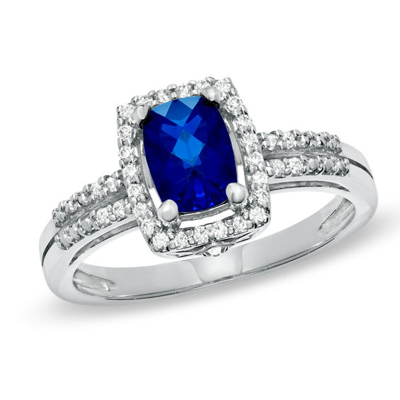 Cushion-Cut Lab-Created Blue and White Sapphire Frame Ring in Sterling ...