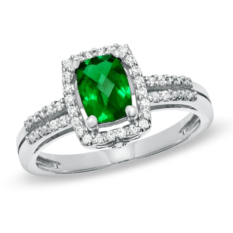Main Image 1 of Cushion-Cut Lab-Created Emerald and White Sapphire Frame Ring in Sterling Silver