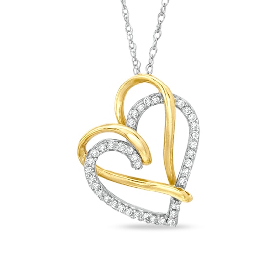 1/7 CT. T.w. Diamond Double Heart Pendant in 10K Two-Tone Gold