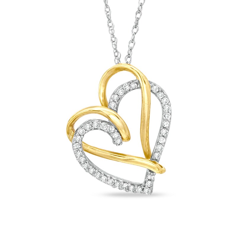 Main Image 1 of 1/7 CT. T.W. Diamond Double Heart Pendant in 10K Two-Tone Gold