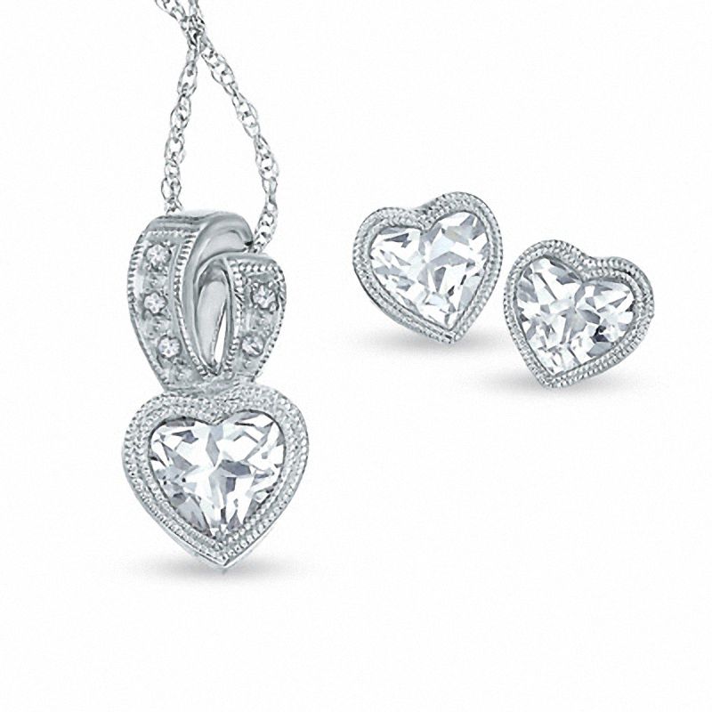 6.0mm Heart-Shaped Lab-Created White Sapphire and Diamond Accent Pendant and Earrings Set in Sterling Silver