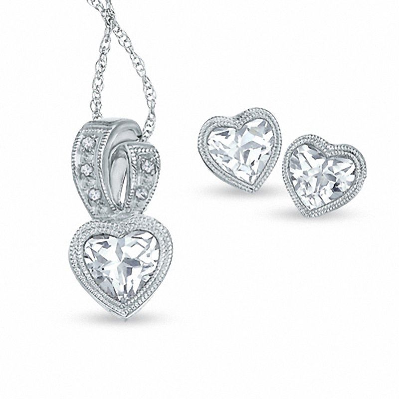 Main Image 1 of 6.0mm Heart-Shaped Lab-Created White Sapphire and Diamond Accent Pendant and Earrings Set in Sterling Silver