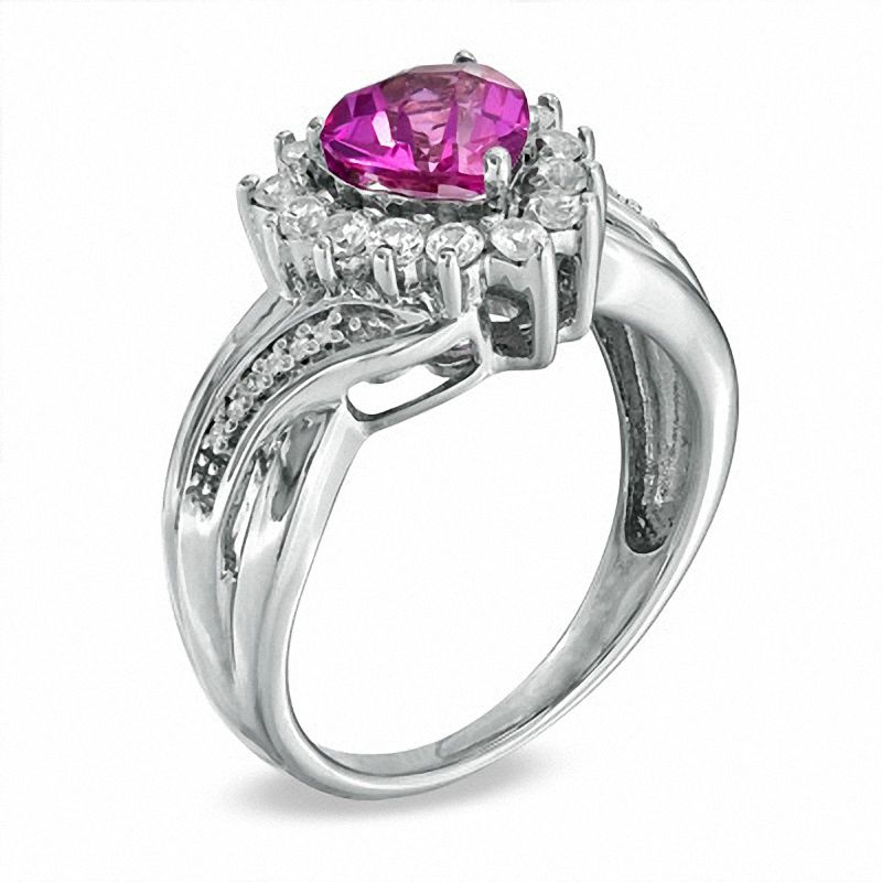Main Image 2 of Heart-Shaped Lab-Created Pink and White Sapphire Ring in Sterling Silver with Diamond Accents