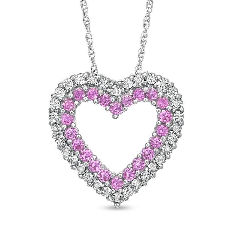 Main Image 1 of Lab-Created Pink Sapphire and Diamond Accent Heart Pendant in Sterling Silver