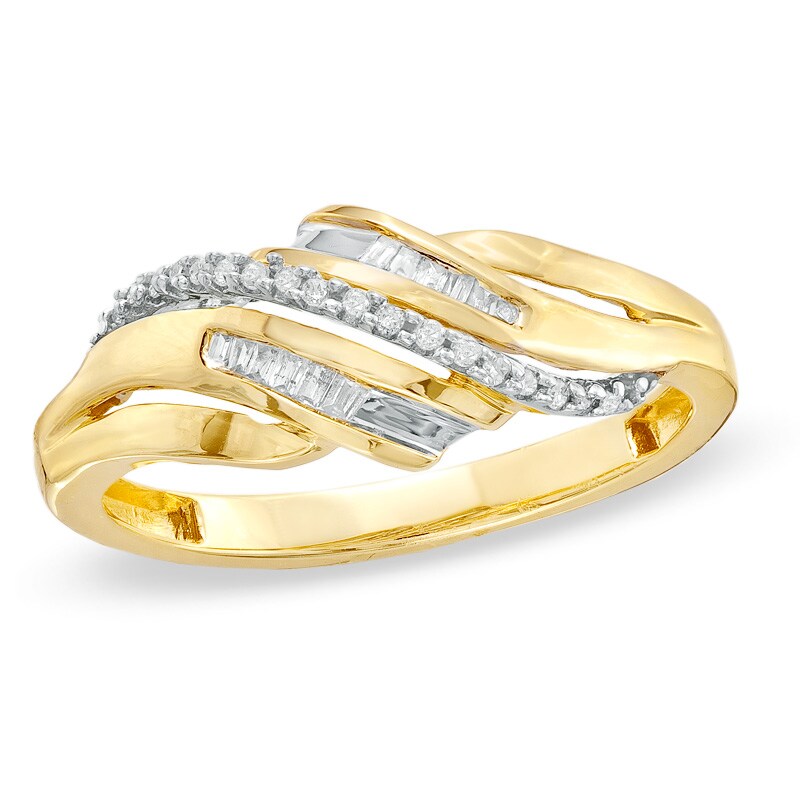 1/10 CT. T.W. Baguette and Round Diamond Wave Ring in 10K Gold | Zales