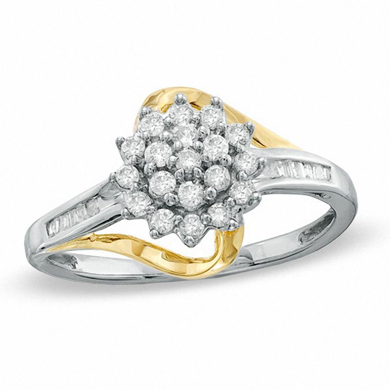 1/3 CT. T.W. Baguette and Round Diamond Sunflower Twist Ring in 10K Two-Tone Gold