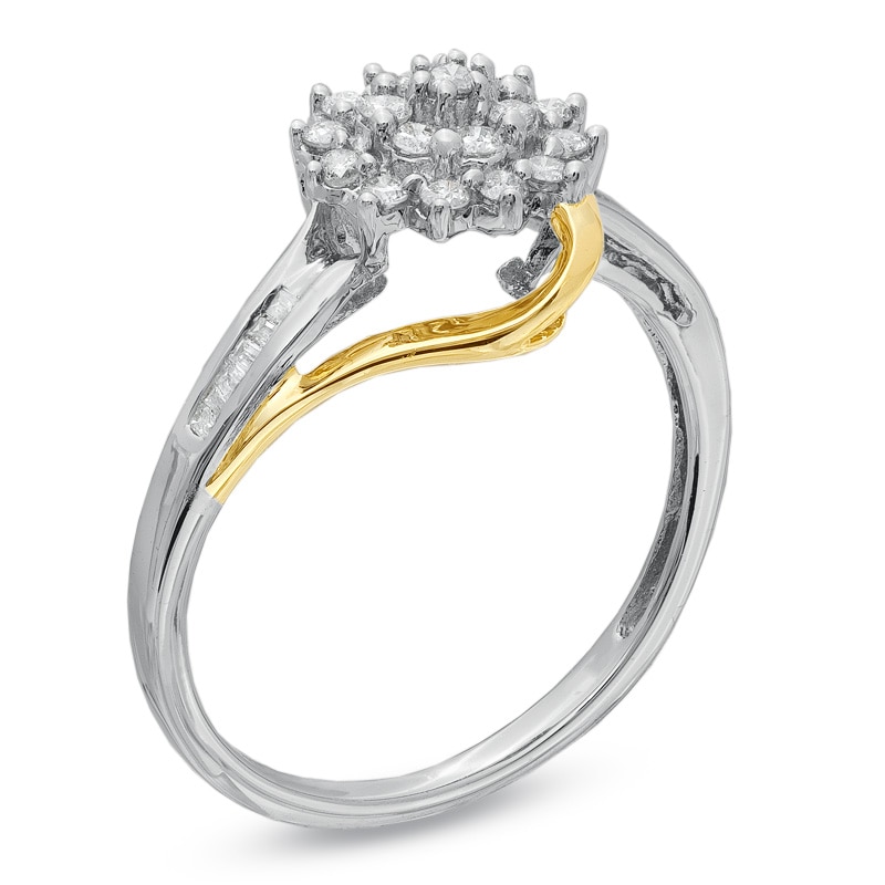 Main Image 2 of 1/3 CT. T.W. Baguette and Round Diamond Sunflower Twist Ring in 10K Two-Tone Gold