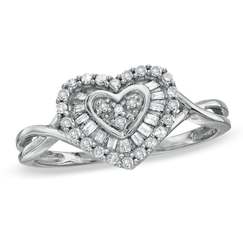 Main Image 1 of 1/4 CT. T.W. Baguette and Round Diamond Heart Ring in 10K White Gold