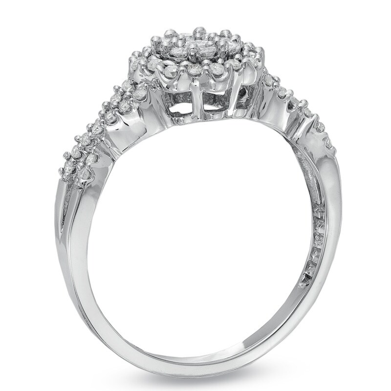 Main Image 2 of 1/2 CT. T.W. Diamond Flower Twist Shank Ring in 10K White Gold