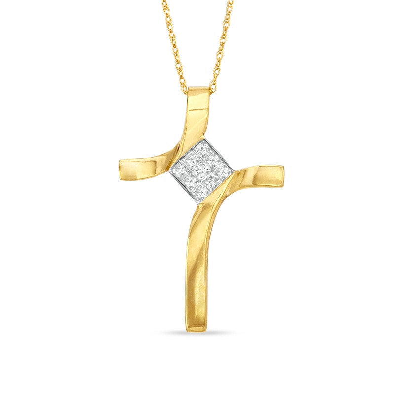 Main Image 1 of 1/5 CT. T.W. Princess-Cut Diamond Cross Pendant in 10K Gold