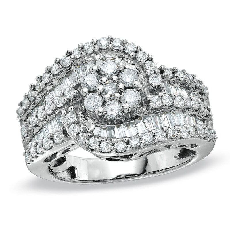 Main Image 1 of 1-1/2 CT. T.W. Baguette and Round Diamond Flower Composite Wave Ring in 14K White Gold