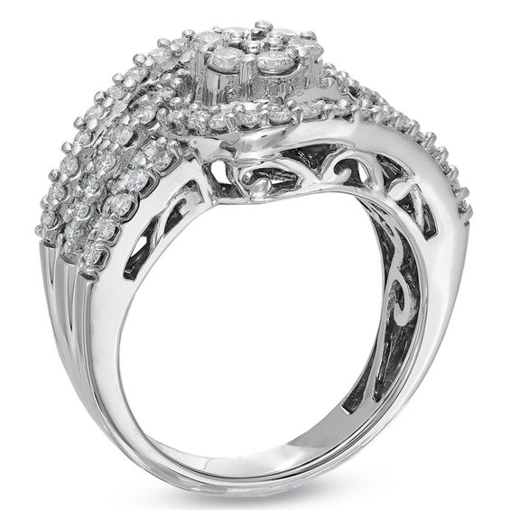 1-1/2 CT. T.w. Baguette and Round Diamond Flower Composite Wave Ring in 14K White Gold