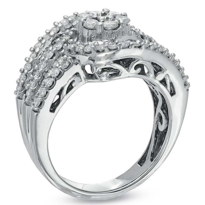 Main Image 2 of 1-1/2 CT. T.W. Baguette and Round Diamond Flower Composite Wave Ring in 14K White Gold