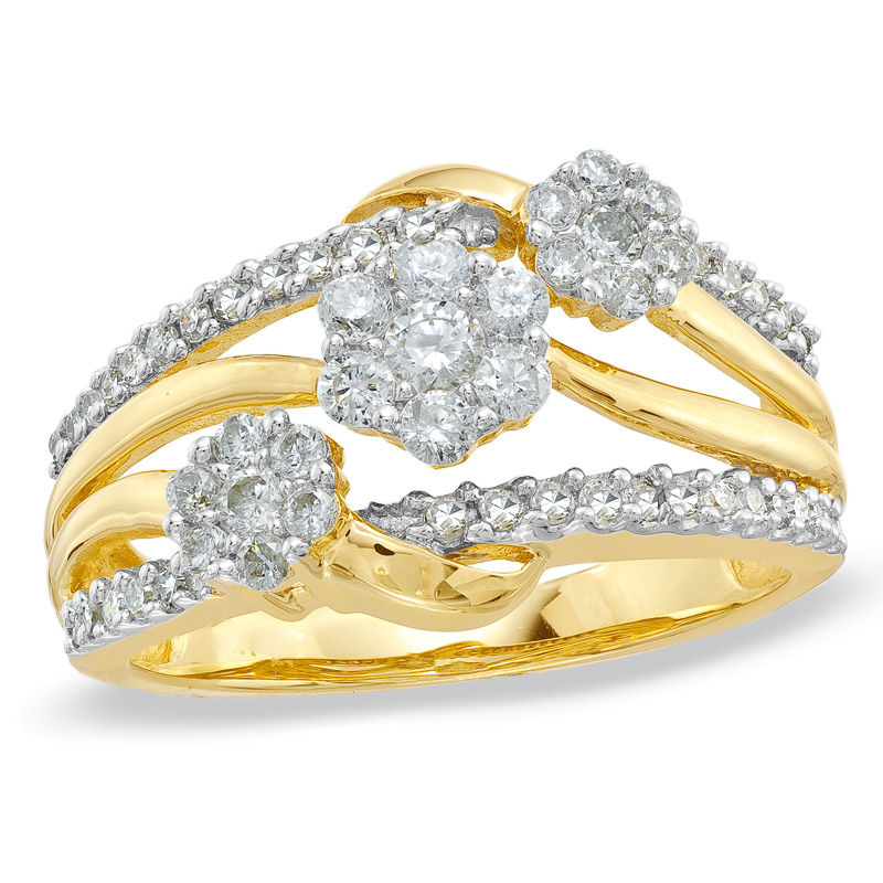 3/4 CT. T.W. Multi-Diamond Triple Flower Ring in 10K Gold | Zales