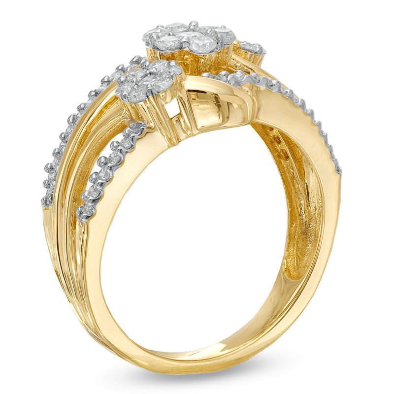 3/4 CT. T.W. Multi-Diamond Triple Flower Ring in 10K Gold | Zales