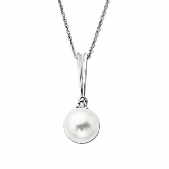 8.0 - 8.5mm Button Cultured Freshwater Pearl and Diamond Accent Pendant in  Sterling Silver