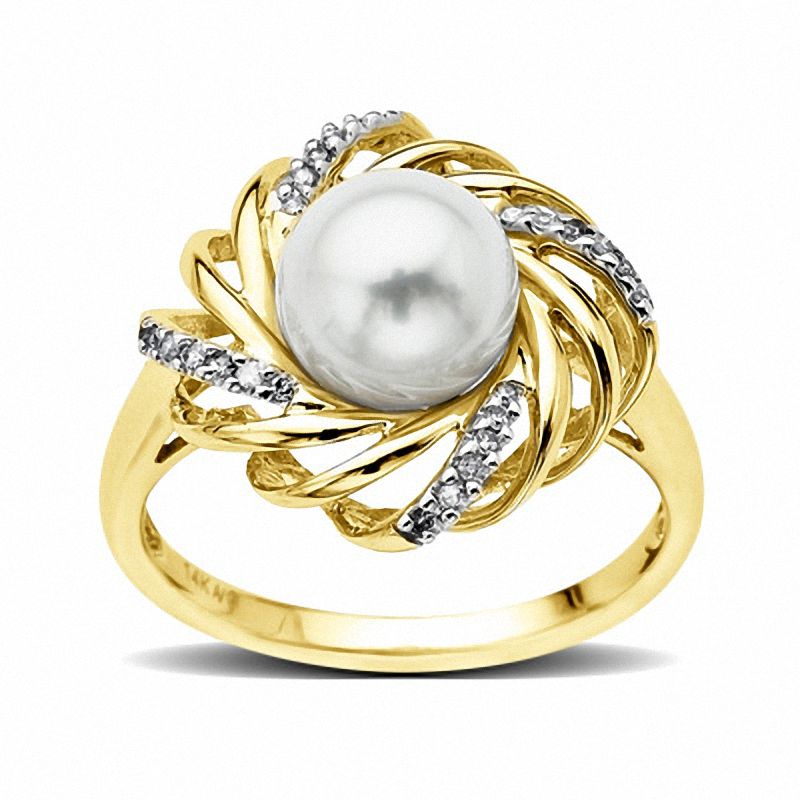 Main Image 1 of 7.5-8.0mm Freshwater Cultured Pearl and Diamond Accent Lions Mane Ring in 10K Gold
