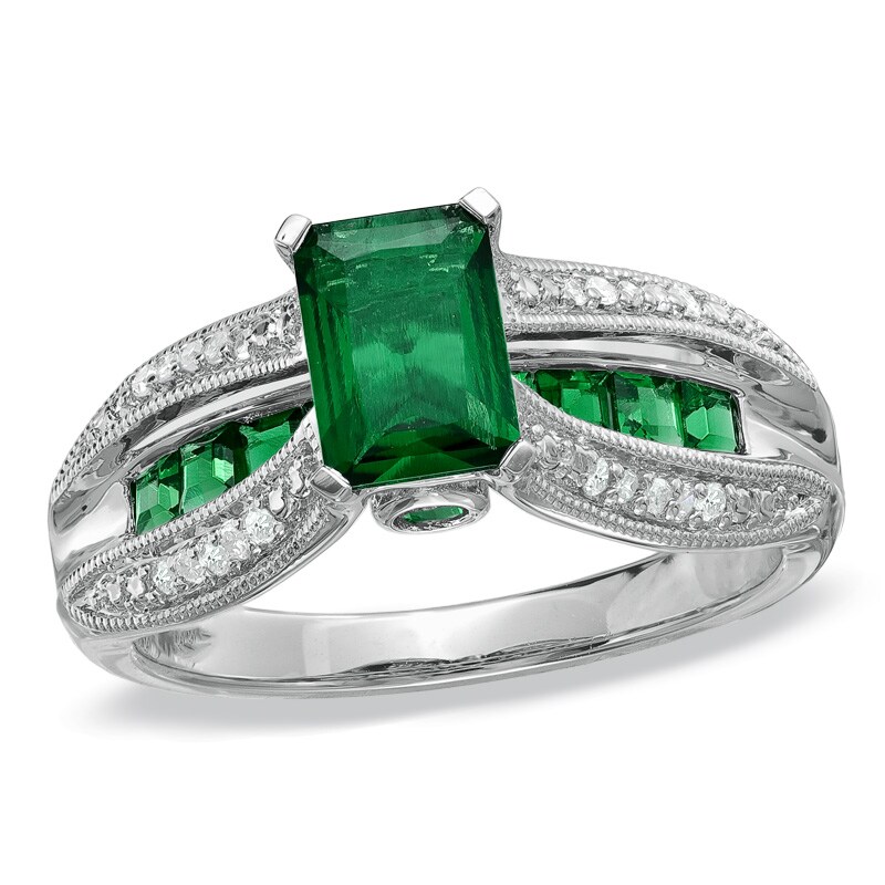 Main Image 1 of Octagonal Lab-Created Emerald and Diamond Accent Open Ring in 10K White Gold