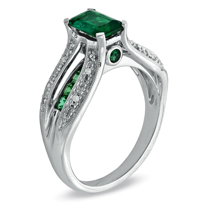 Main Image 2 of Octagonal Lab-Created Emerald and Diamond Accent Open Ring in 10K White Gold