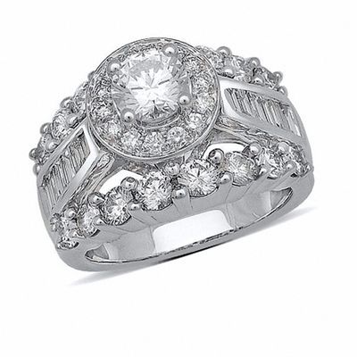 Engagement & Wedding Ring 3.2 Ct Round Diamond & Baguette Ring In 14K White Gold 