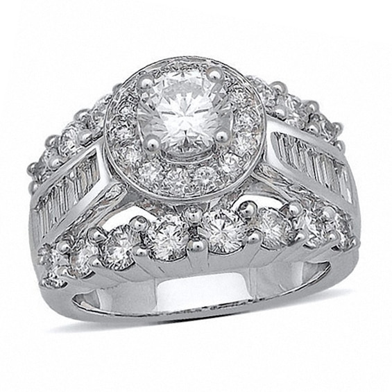 3-1/2 CT. T.w. Baguette and Round Diamond Engagement Ring in 14K White Gold