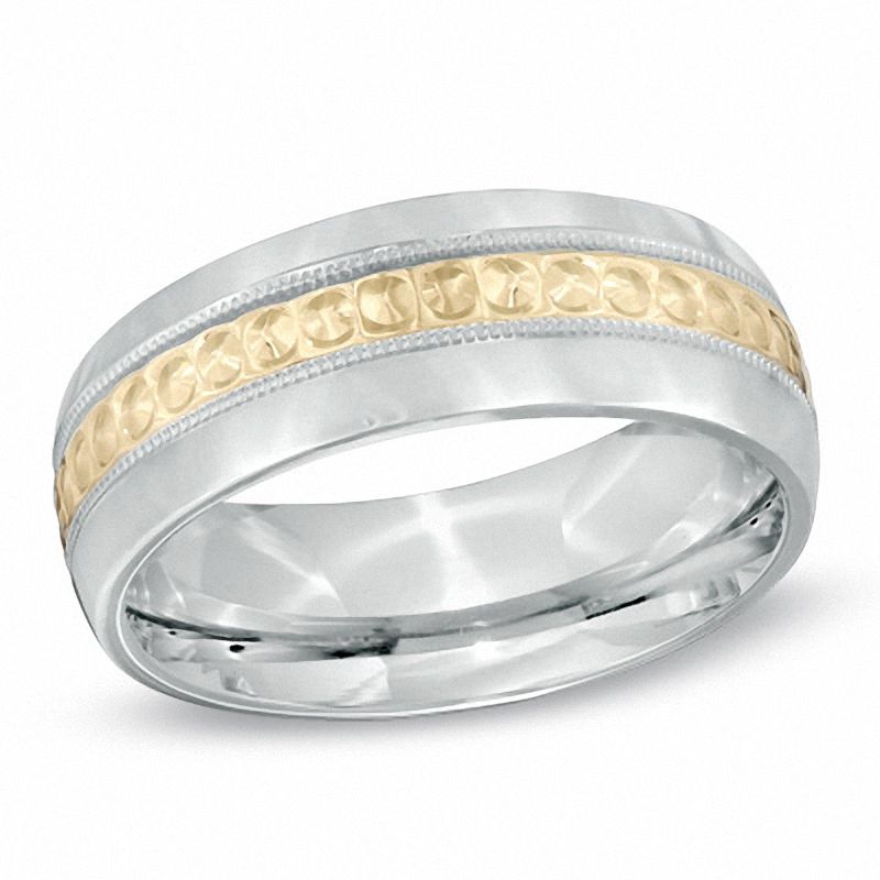 Main Image 1 of 8.0mm Diamond-Cut Center Wedding Band in Sterling Silver and 14K Gold Plate