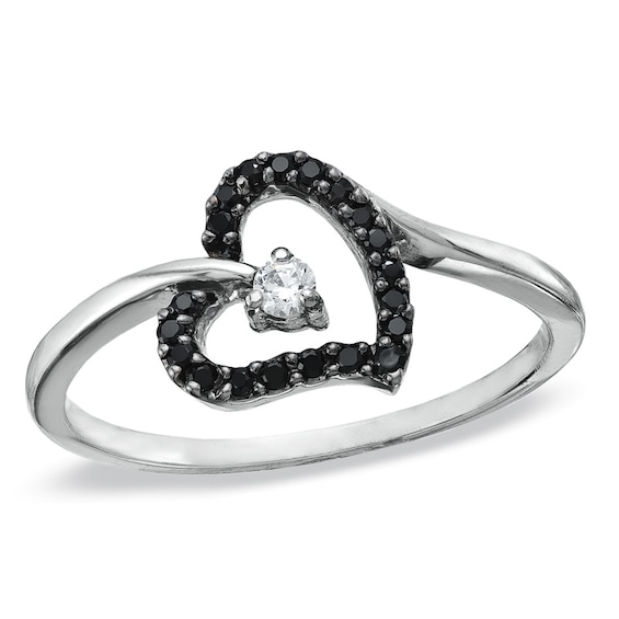 1/10 CT. T.W Enhanced Black and White Diamond Tilted Heart Promise Ring in 10K White Gold