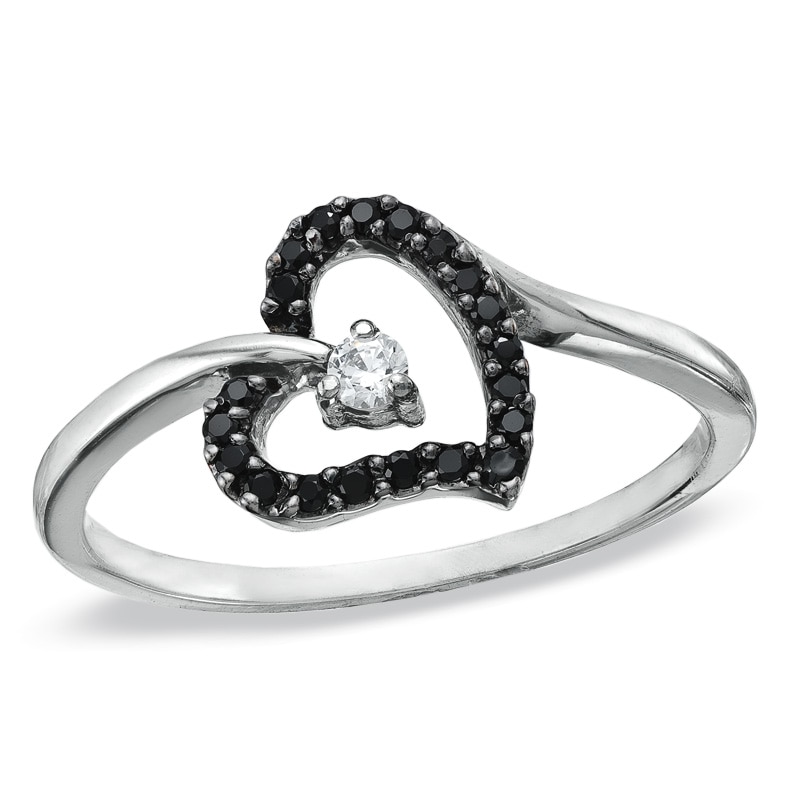 Main Image 1 of 1/10 CT. T.W Enhanced Black and White Diamond Tilted Heart Promise Ring in 10K White Gold