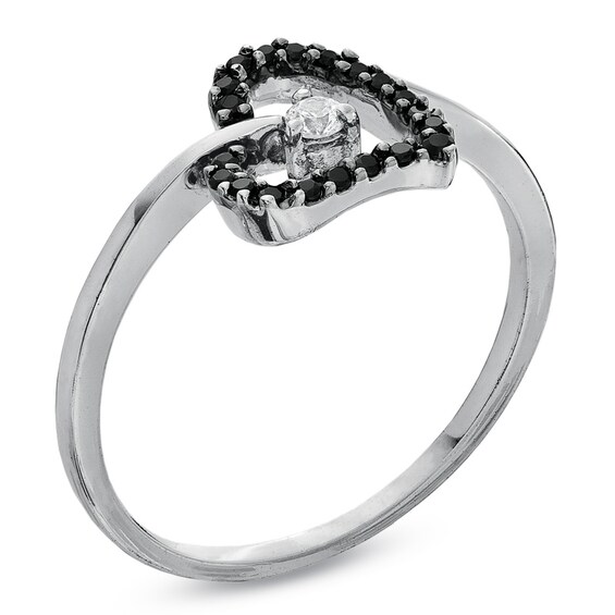 1/10 CT. T.W Enhanced Black and White Diamond Tilted Heart Promise Ring in 10K White Gold
