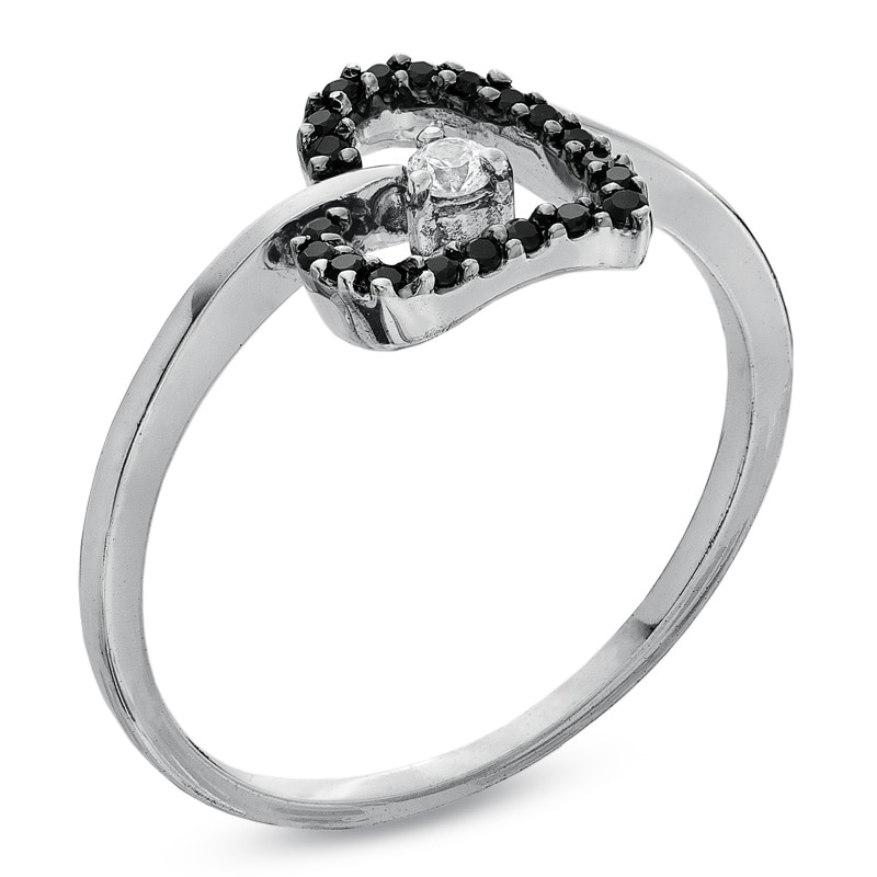 Main Image 2 of 1/10 CT. T.W Enhanced Black and White Diamond Tilted Heart Promise Ring in 10K White Gold